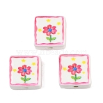 Printed Handmade Porcelain Beads, Square with Flower Pattern, Cerise, 15~15.5x15~15.5x7.5~8mm, Hole: 2mm(PORC-G016-04A)