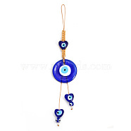 Flat Round with Evil Eye Glass Pendant Decorations, Tassel Hemp Rope Hanging Ornament, Royal Blue, 210mm(EVIL-PW0002-04I)