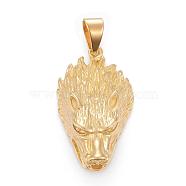 304 Stainless Steel Pendants, Wolf Head, Golden, 47.5x29x15mm, Hole: 8x11mm(STAS-I163-062G)