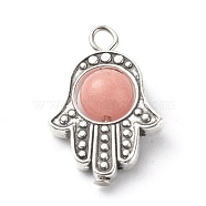 Synthetic Luminous Stone Pendants, with Tibetan Style Alloy Bead Frames & Iron Flat Head Pins, Glow in the Dark, Hamsa Hands, Antique Silver & Platinum, Pink, 26x17x8mm, Hole: 2.6mm(PALLOY-JF00842-05)