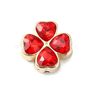 Rack Plating Alloy Beads, with Glass, Clover, Red, 16x16x7mm, Hole: 1.6mm(PALLOY-Z004-01G-02)