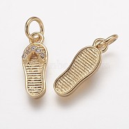 Brass Micro Pave Grade AAA Cubic Zirconia Charms, Lead Free & Nickel Free & Cadmium Free, Flip Flops/Slipper, Real 18K Gold Plated, 14x5x3.5mm, Hole: 3mm(X-ZIRC-K059-12G-NR)
