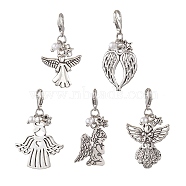 5Pcs 5 Styles Angel Tibetan Style Alloy Pendant Decorations, Lobster Claw Clasps Charms for Backpack Ornaments, Antique Silver, 36~42mm, 1pc/style(HJEW-JM02044)