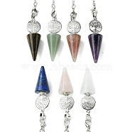 Natural Mixed Stone Cone Dowsing Pendulum Big Pendants, with Tree of Life Rack Plating Platinum Plated Brass Findings, Cadmium Free & Lead Free, 220~240mm, Hole: 1.5~2mm(G-C114-02P)