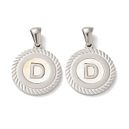 304 Stainless Steel Pendants, Flat Round Shell Charms with Letter, Stainless Steel Color, Letter D, 20.5x17.5x1.5mm, Hole: 2.5x4.5mm(STAS-I204-D-P)