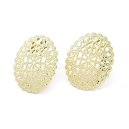 Brass Stud Earring Findings, Hollow Out Oval, Real 14K Gold Plated, 21.5x17.5mm, Pin: 0.7mm(KK-Q793-12G)