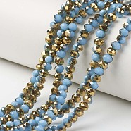 Electroplate Opaque Glass Beads Strands, Half Golden Plated, Faceted, Rondelle, Sky Blue, 8x6mm, Hole: 1mm, about 72pcs/strand, 16.14 inch(41cm)(EGLA-A034-P8mm-O11)