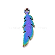 Ion Plating(IP) 201 Stainless Steel Pendants, Feather Charms, Rainbow Color, 16x5x1mm, Hole: 1.2mm(STAS-E176-03M)