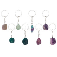 8Pcs Natural Fluorite Pendant Keychain, with Iron Findings, Nuggets, 8~9.3cm(KEYC-PH01494)