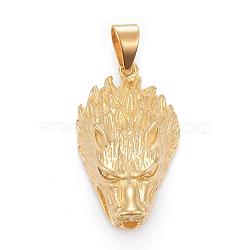 304 Stainless Steel Pendants, Wolf Head, Golden, 47.5x29x15mm, Hole: 8x11mm(STAS-I163-062G)