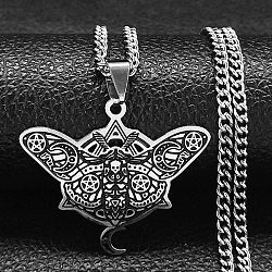 304 Stainless Steel Enamel Pendant Necklaces for Women Men, Moth with Moon, Stainless Steel Color, 19.29~19.69 inch(49~50cm)(NJEW-G123-11P)