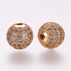 Brass Micro Pave Cubic Zirconia Beads, Round, Golden, 10mm, Hole: 2mm(ZIRC-G092-23G-08)