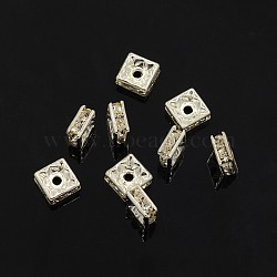 Brass Rhinestone Spacer Beads, Grade A, Square, Nickel Free, White, Silver Color Plated, Size: about 6mmx6mmx3mm, hole: 1mm(X-RSB072-01S)