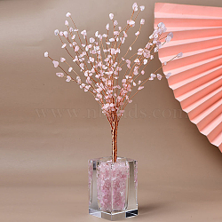 Natural Rose Quartz Chips Tree of Life Decorations, Mini Resin Cuboid Shape Vase with Copper Wire Feng Shui Energy Stone Gift for Women Men Meditation, 250mm(TREE-PW0002-06A)