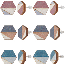 12Pcs 3 Colors Ethnic Style Wood Stud Earrings, Hexagon, Platinum, Mixed Color, 17x19.5mm, 12pcs/set(EJEW-SC0001-68)