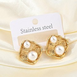 304 Stainless Steel Shell Shape Stud Earrings, with Imitation Pearl, Real 18K Gold Plated, 26.5x24.5mm(EJEW-M073-13G-01)