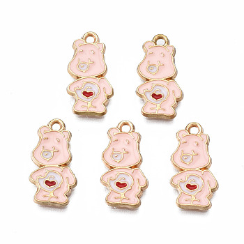 Rack Plating Alloy Enamel Pendants, Cadmium Free & Nickel Free & Lead Free, Bear with Red Heart, Pink, 18x9.2x1.5mm, Hole: 1.4mm