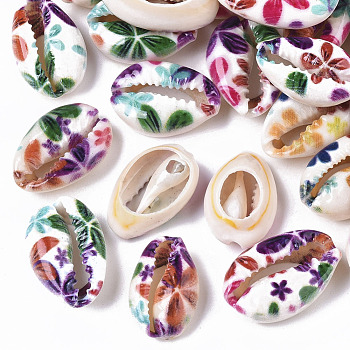 Printed Natural Cowrie Shell Beads, No Hole/Undrilled, with Flower Pattern, Colorful, 18~25x12~15x7mm