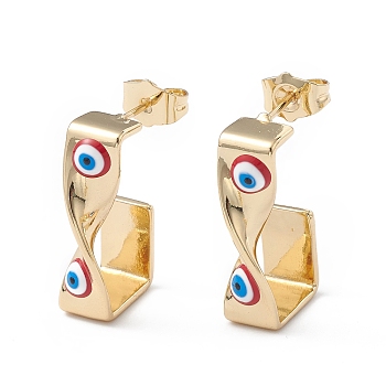 Brass Enamel Evil Eye Stud Earrings, with Ear Nuts, Real 18K Gold Plated Twist Earrings for Women Girls, FireBrick, 24x12mm, Pin: 1mm