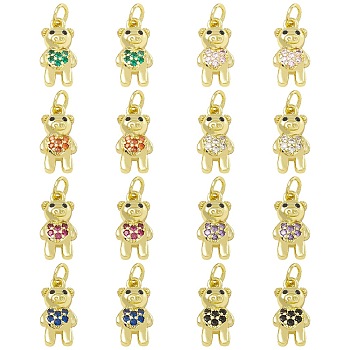 16Pcs 8 Colors Brass Micro Pave Cubic Zirconia Pendants, Long-Lasting Plated, Real 18K Gold Plated, Cadmium Free & Lead Free, Bear, Mixed Color, 15.5x8x3.5mm, Jump Ring: 5x1mm, Inner Diameter: 3mm , 2pcs/color