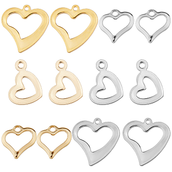 120Pcs 6 Style Stainless Steel Open Heart Charms, Hollow, Golden & Stainless Steel Color, 10.5~15.5x10.5~15x0.7~1.5mm, Hole: 1~1.6mm, 20pcs/style
