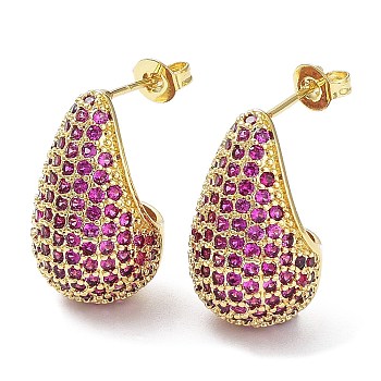 Cubic Zirconia Teardrop Stud Earrings, Real 16K Gold Plated Brass Earrings for Woman, Medium Violet Red, 20x12mm