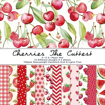 24Pcs 12 Styles Cherry Strawberry Watermelon Furit Scrapbook Paper Pads, for DIY Album Scrapbook, Greeting Card, Background Paper, Red, 152x152mm, 2pcs/styles