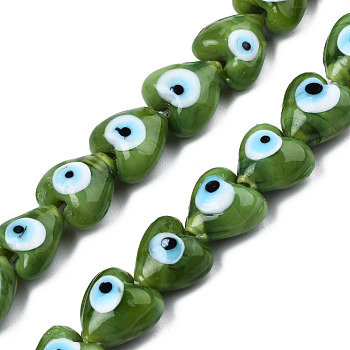 Handmade Evil Eye Lampwork Beads Strands, Heart, Olive Drab, 12~12.5x12~13x7.5mm, Hole: 1.2mm, about 33pcs/strand, 14.76 inch(37.5cm)