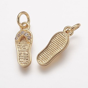 Brass Micro Pave Grade AAA Cubic Zirconia Charms, Lead Free & Nickel Free & Cadmium Free, Flip Flops/Slipper, Real 18K Gold Plated, 14x5x3.5mm, Hole: 3mm