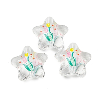 Transparent Printed Acrylic Beads, Star with Flower, Mixed Color, 20.5x22x10.5mm, Hole: 3mm