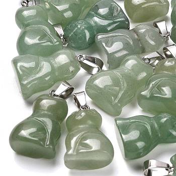 Natural Green Aventurine Pendants, with 201 Stainless Steel Finding, Cat, 24~25x15~16x9~10mm, Hole: 4.5x7mm