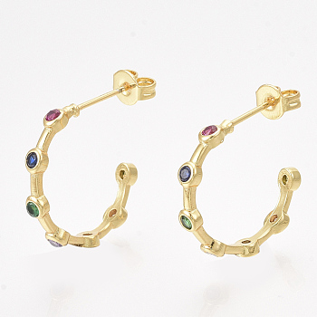Brass Cubic Zirconia Stud Earrings, Half Hoop Earrings, with Ear Nuts, Colorful, Golden, 18x3mm, Pin: 0.8mm