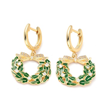 Brass Micro Pave Cubic Zirconia Huggie Hoop Earrings for Christmas, with Enamel, Lead Free & Cadmium Free & Nickel Low, Christmas Wreath, Green, Golden, 31mm, Pin: 0.8mm