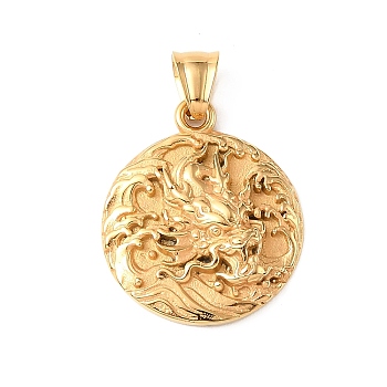 304 Stainless Steel Pendants, Flat Round & Chinese Dragon Wave Medallion Charm, with 201 Stainless Steel Snap on Bails, Ion Plating(IP), Long-Lasting Plated, Golden, 32.5x27.5x5mm, Hole: 8x5mm