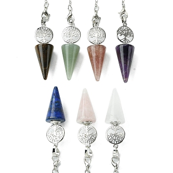 Natural Mixed Stone Cone Dowsing Pendulum Big Pendants, with Tree of Life Rack Plating Platinum Plated Brass Findings, Cadmium Free & Lead Free, 220~240mm, Hole: 1.5~2mm