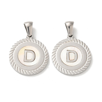 304 Stainless Steel Pendants, Flat Round Shell Charms with Letter, Stainless Steel Color, Letter D, 20.5x17.5x1.5mm, Hole: 2.5x4.5mm