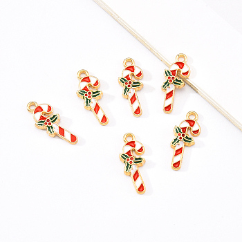20Pcs Light Gold Alloy Enamel Pendants, for Christmas, Candy Cane, Red, 19x7.5x2mm, Hole: 1.5mm