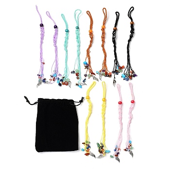12Pcs Wing Braided Nylon Cord Macrame Pouch Pendant Decorations, Tumbled Gemstone Beaded Hanging Ornament, Interchangeable Stone, with Dyed Natural Wood Beads, Mixed Color, 215mm