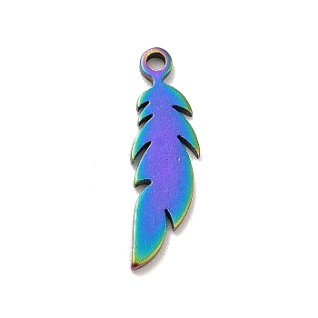 Ion Plating(IP) 201 Stainless Steel Pendants, Feather Charms, Rainbow Color, 16x5x1mm, Hole: 1.2mm
