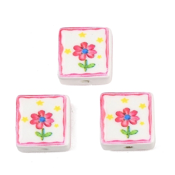 Printed Handmade Porcelain Beads, Square with Flower Pattern, Cerise, 15~15.5x15~15.5x7.5~8mm, Hole: 2mm