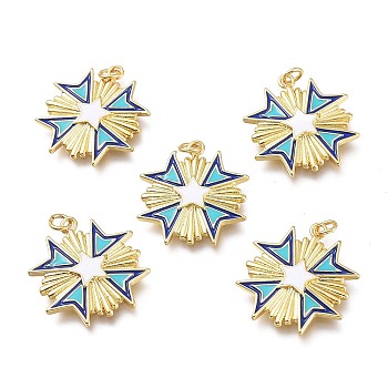 Brass Pendants, with Enamel and Jump Rings, Long-Lasting Plated, Flower, Blue & White & Sky Blue, Golden, 24x24x2.5mm, Hole: 3mm