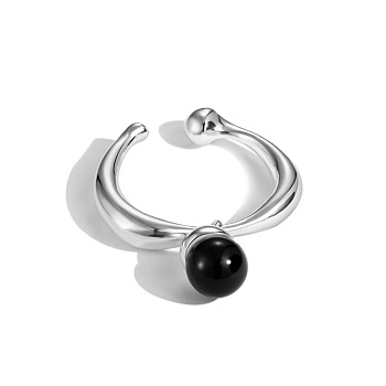 S925 Sterling Silver Open Cuff Ring for Women, with Natural Black Agate, Round, Silver, US Size 5 1/2(16.1mm)