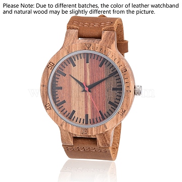 Zebrano Wood Wristwatches, Men Electronic Watch, with Leather Watchbands and Alloy Findings, Saddle Brown, 260x23x2mm, Watch Head: 56x48x12mm, Watch Face: 37mm(WACH-H036-23)