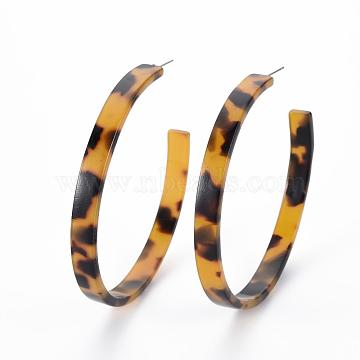 Cellulose Acetate(Resin) C Shape Half Hoop Earrings, Tortoiseshell Pattern Earrings, with 304 Stainless Steel Pin, Round, Goldenrod, 55~60x7mm, Pin: 0.7mm(KY-S163-384B-02)