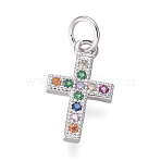 Brass Micro Pave Cubic Zirconia Tiny Cross Charms, Cadmium Free & Lead Free, with Jump Rings, Colorful, Platinum, 14x8.5x1.5mm, Hole: 3mm(ZIRC-I032-64P)