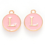 Golden Plated Alloy Enamel Charms, Cadmium Free & Lead Free, Enamelled Sequins, Flat Round with Letter, Pink, Letter.L, 14x12x2mm, Hole: 1.5mm(ENAM-S118-07L)
