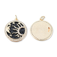 Brass Pave Clear Cubic Zirconia Pendants, with Jump Rings and Enamel, Cadmium Free & Nickel Free & Lead Free, Flat Round with Sun & Moon & Star, Real 18K Gold Plated, 22x20x2.5mm, Jump Ring: 5x1mm, 3mm inner diameter(KK-N232-475)