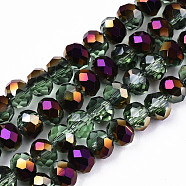 Electroplate Transparent Glass Beads Strands, Half Purple Plated, Faceted Rondelle, Dark Sea Green, 6x5mm, Hole: 1mm, about 85~88pcs/strand, 16.1~16.5 inch(41~42cm)(EGLA-A034-T6mm-F25)
