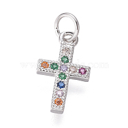 Brass Micro Pave Cubic Zirconia Tiny Cross Charms, with Jump Rings, Colorful, Platinum, 14x8.5x1.5mm, Hole: 3mm(ZIRC-I032-64P)