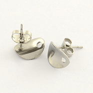 304 Stainless Steel Oval Stud Earring Findings, with Loop, Stainless Steel Color, 11x8.5mm, Hole: 1.5mm, pin: 0.8mm(STAS-R063-39)